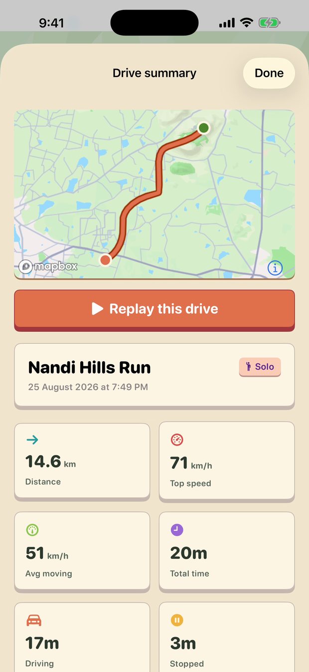 A finished drive: route thumbnail, 14.6 km, 71 km/h top speed, 51 km/h average, 20 minutes total with 3 of them stopped.